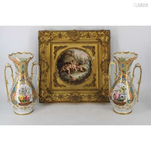 An Antique Pair Of Paris Porcelain Vases & A