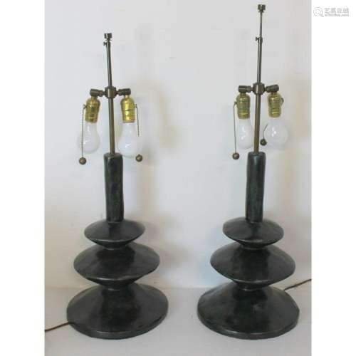 After Giacometti Pair Of Patinated Bronze Lamps.