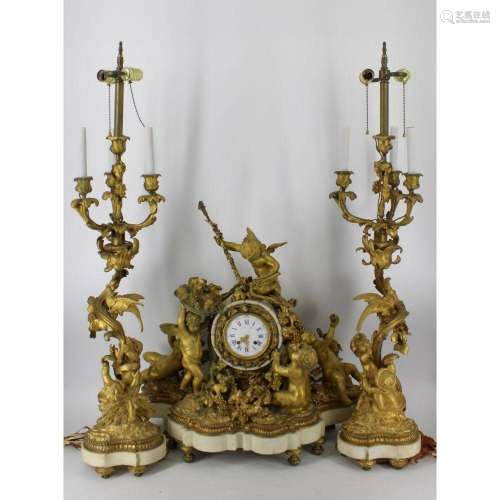Monumental Dore Bronze French Clock Garniture Set