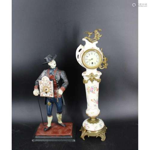 Antique Tole Figural Clock Together With A