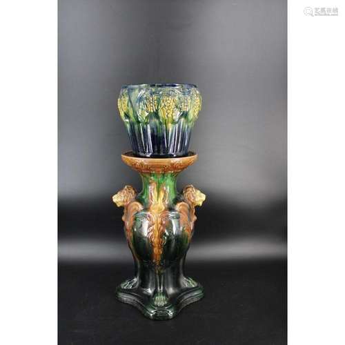 Majolica Porcelain Urn & Pedestal