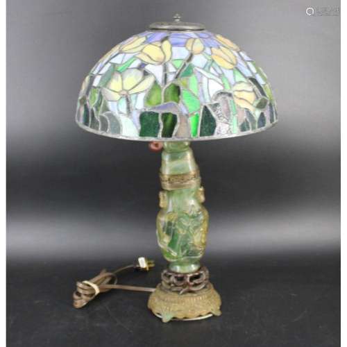 Art Deco Quartz Lamp With Leaded Glass Shade