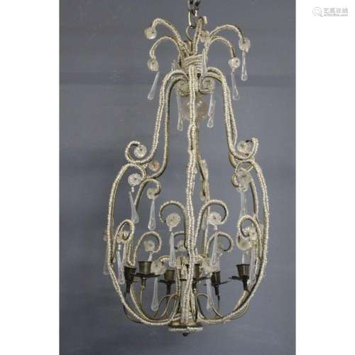 Antique Patinated Metal Crystal Beaded Chandelier