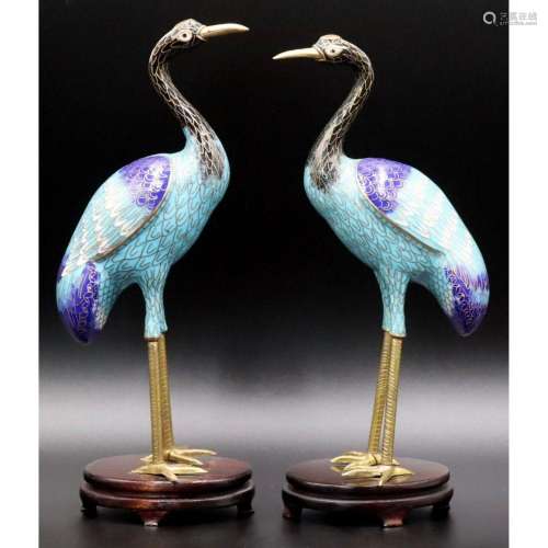 Pair of Chinese Cloisonne Standing Cranes.