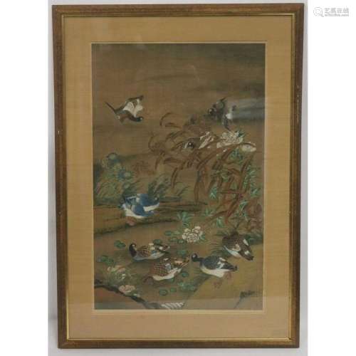 Large Framed Asian Painting of Ducks.