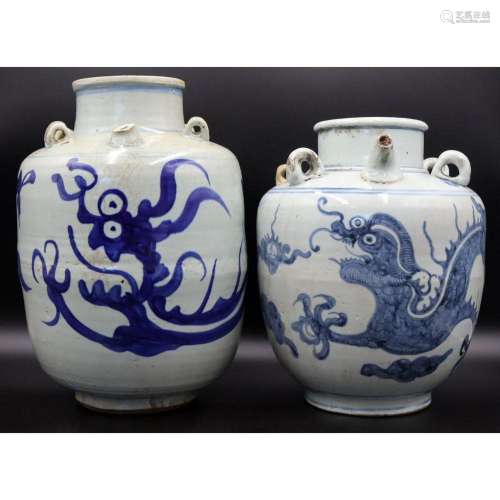 (2) Antique Asian Blue and White Wine Vessels.