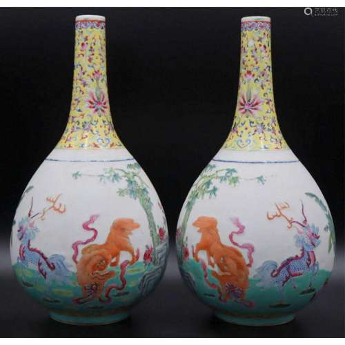Pair of Chinese Famille Rose Bottle Neck Vases.