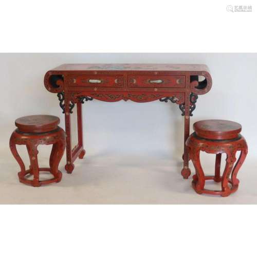 Chinese Red Lacquered Console with Jade Pulls.
