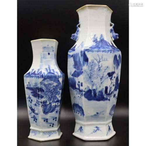 (2) Chinese Blue and White Hexagonal Vases.