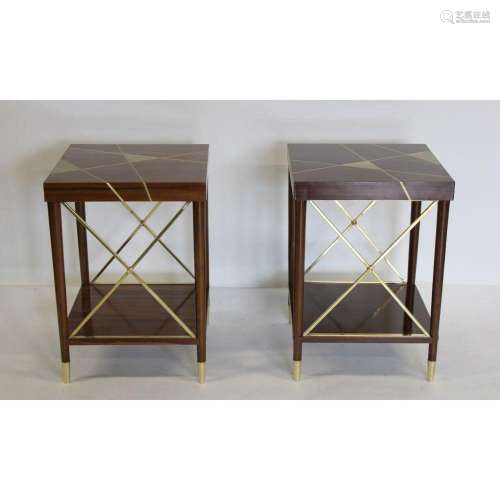 A Pair Of Brass Inlaid Mahogany Side Tables.
