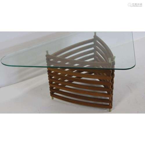 Midcentury Slatted Wood Glass Top Coffee Table.