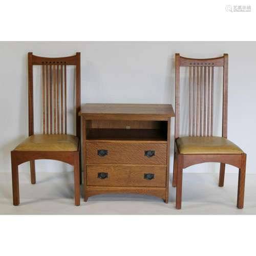 Stickley Signed Oak Arts & Crafts Chairs & Cabinet