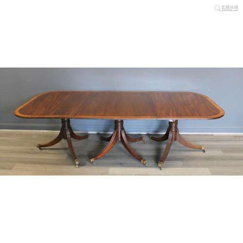 19th Century Banded Mahogany Triple Pedestal Table