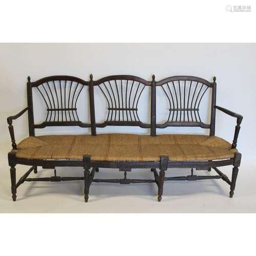 Antique French Stained Oak Cane Seat Settee.