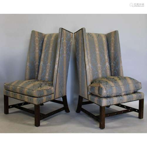 Baker Signed Pair Of Upholstered Wing Back Chairs