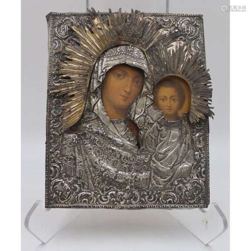 SILVER. 19th C Russian Silver Icon of the Madonna