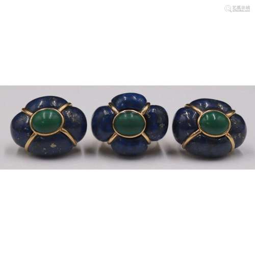 JEWELRY. 3 Pc. 14kt Gold Malachite & Lapis Lazulis