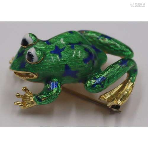 JEWELRY. Martine 18kt Gold and Enamel Frog Brooch.