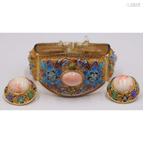 JEWELRY. Chinese Gilt Silver, Enamel and Coral