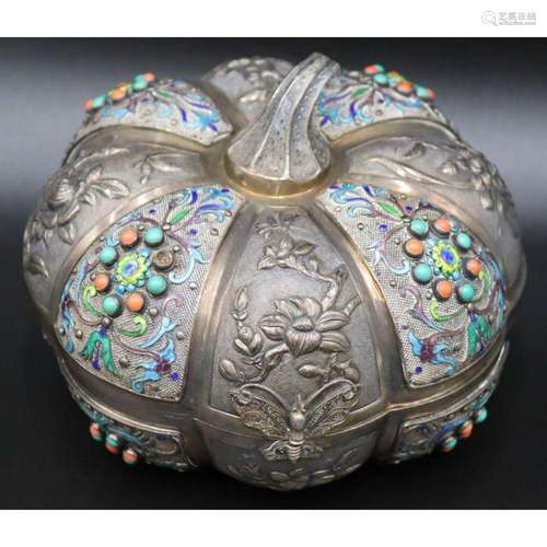 SILVER. Chinese? Silver and Enamel Lidded Box.