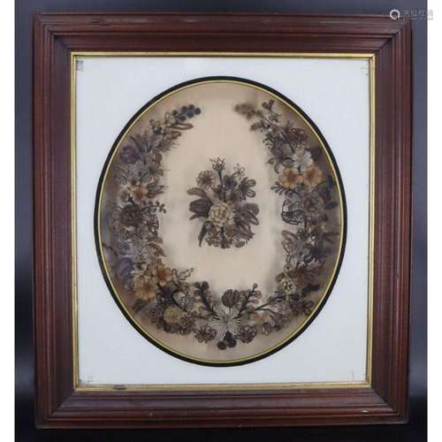 Large Framed Victorian Mourning Hair Wreath.