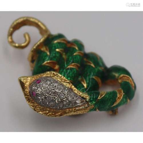 JEWELRY. 18kt Gold and Enamel Cobra Brooch.