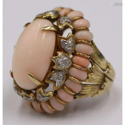 JEWELRY. 14kt Gold, Coral, and Diamond Ring.