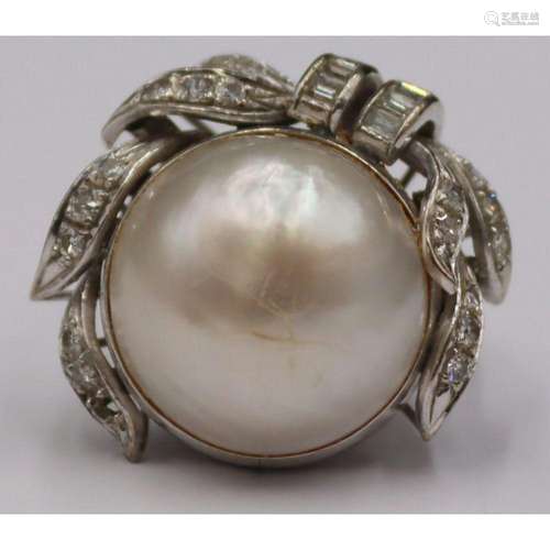 JEWELRY. 10kt Gold Pearl and Diamond Cocktail Ring