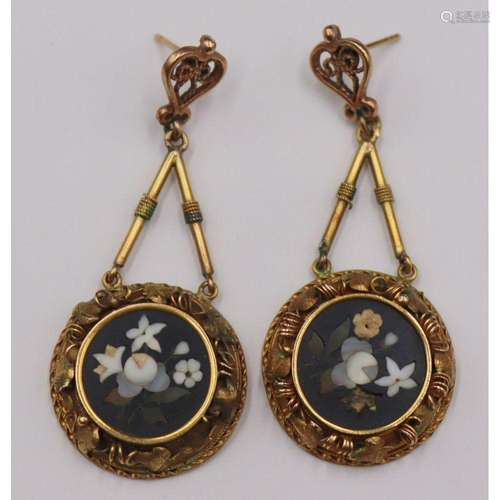 JEWELRY. Pr of 14kt Gold and Pietra Dura Earrings.