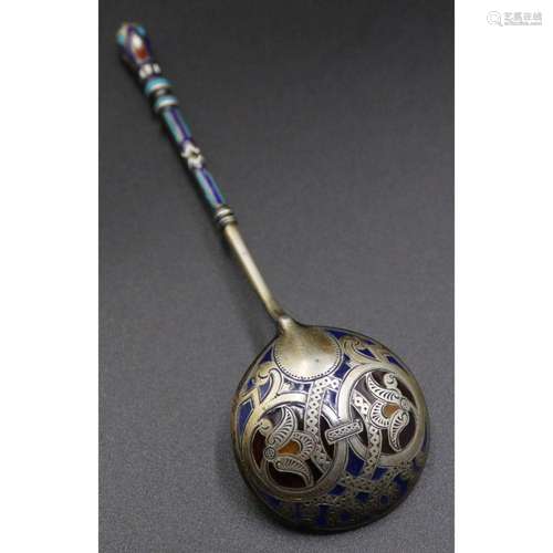 SILVER. Antique Russian Silver Plique-A-Jour Spoon