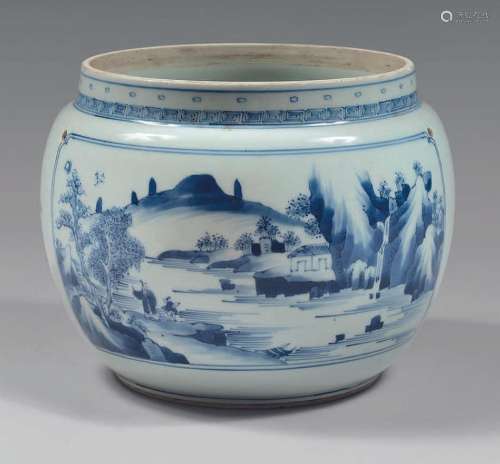 CHINE Pot circulaire en porcelaine décoré en bleu sous couve...