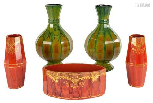 Pair of Bohemia Lithyalin Glass Vases and (3) Piece Garnitur...