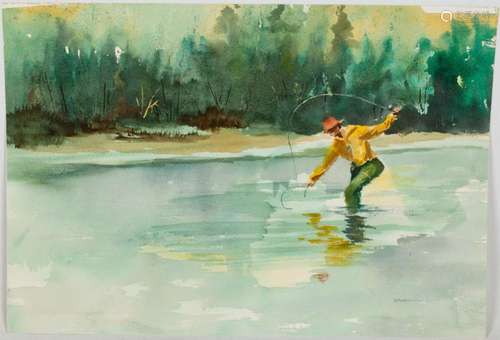 Unknown Artist (20th Century) Fly Fisherman Watercolor