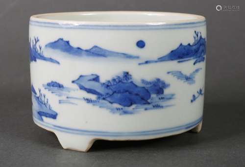 A blue and white landscape porcelain three-legged censer