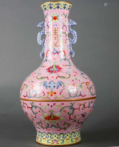 A pink ground flower porcelain double-eared vase