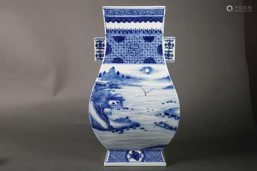 A blue and white landscape porcelain vase