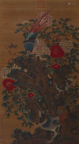 A Chinese bird-and-flower hanging silk scroll painting, Liu ...