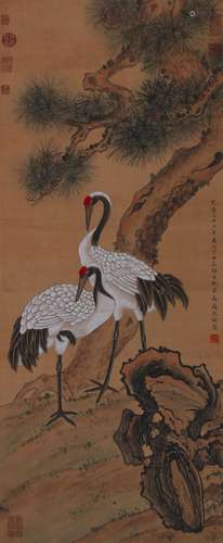 A Chinese bird-and-flower hanging silk scroll painting, Shen...