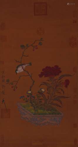 A Chinese bird-and-flower hanging silk scroll painting, Song...