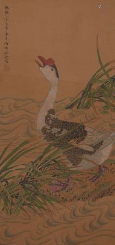 A Chinese bird-and-flower hanging silk scroll painting, Shen...