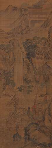 A Chinese landscape hanging silk scroll painting, Lengmei ma...