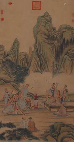 A Chinese figure hanging silk scroll painting, Chouying mark