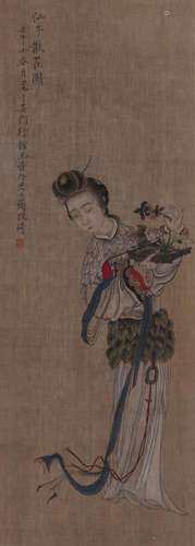 A Chinese figure hanging silk scroll painting, Gaiqi mark