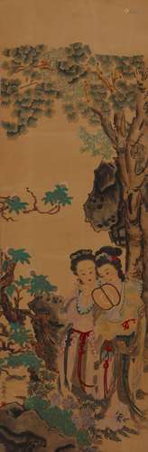 A Chinese figure hanging silk scroll painting, Chouying mark