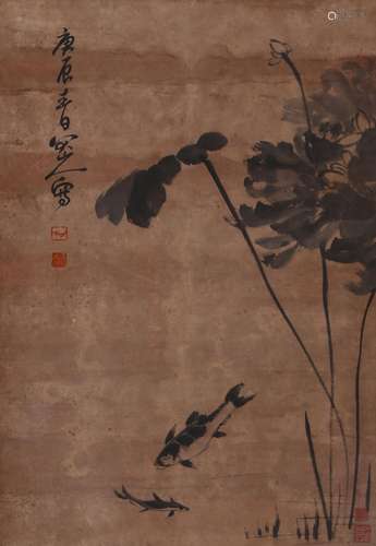 A Chinese lotus ink wash hanging scroll painting, Zhuda mark