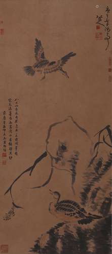 A Chinese bird-and-flower ink wash hanging scroll painting, ...