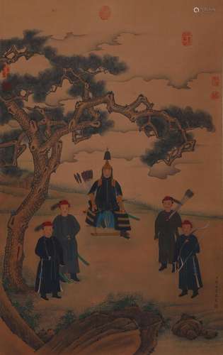 A Chinese figure hanging silk scroll painting, Lang Shining ...