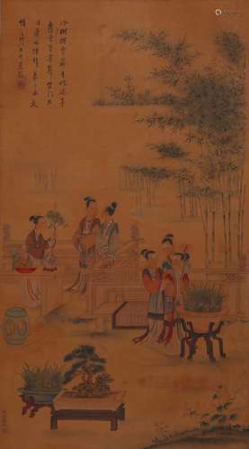 A Chinese figure hanging silk scroll painting, Chouying mark