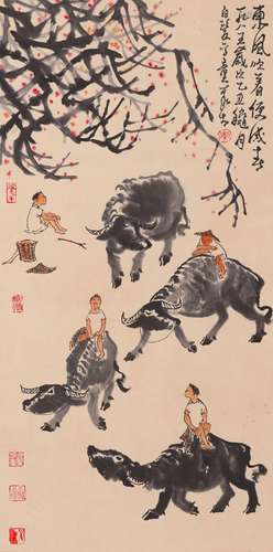 A Chinese cattle herding painting, Li Keran mark