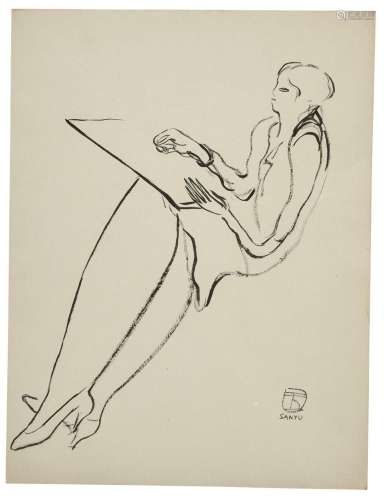 SANYU 1901 - 1966 Femme de profil dessinant Encre sur papier